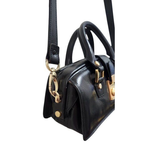 Francesco Rogani Black Leather Structured Handbag Gold Hardware Top Handle - Picture 6 of 16